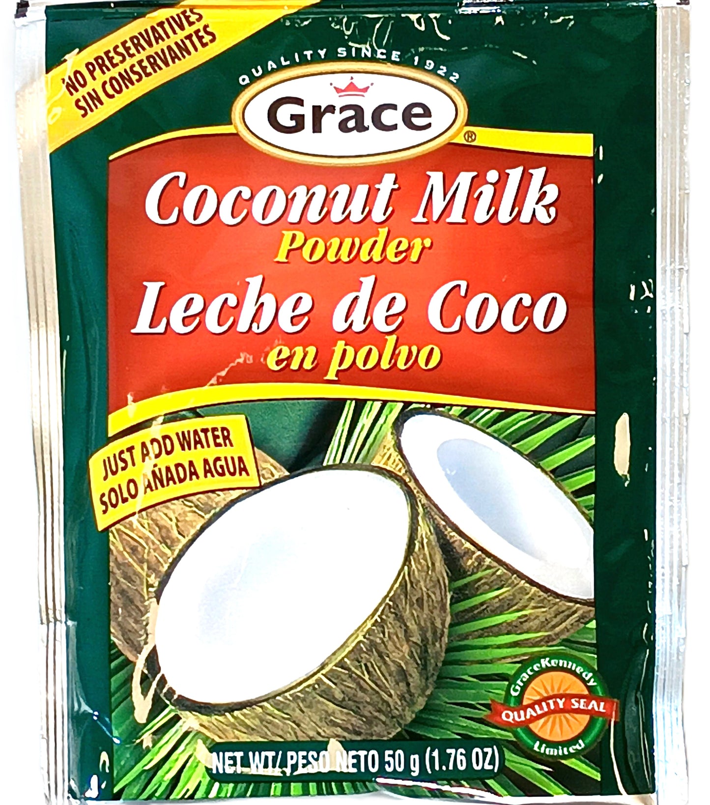 Package of Grace Coconut Milk by TOJ EXPRESS, labeled in English and Spanish with coconut halves on a green background. Highlights dairy-free nature and no preservatives; instructions to add water. Net weight: 50g (1.76 oz).