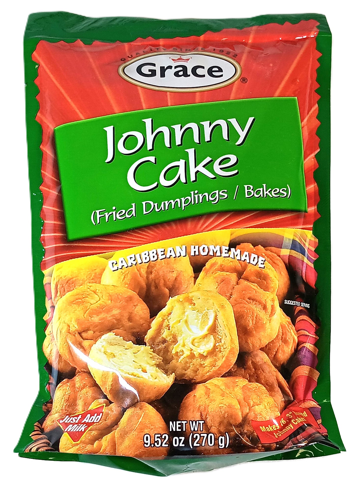 Grace Johnny Cake Mix by TOJ EXPRESS, labeled as fried dumplings or bakes, comes in mostly green packaging with images of fluffy johnny cakes, emphasizing Caribbean homemade and Just Add Water. The package has a net weight of 9.52 oz (270 g).