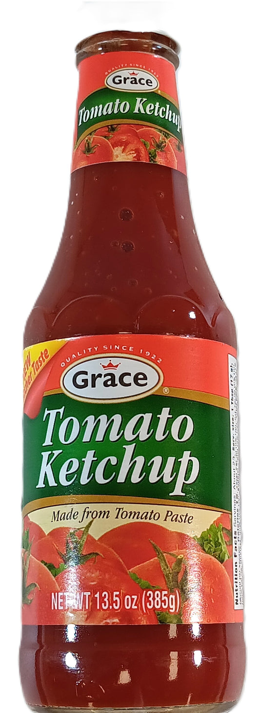 TOJ EXPRESS Grace Tomato Ketchup, made from the finest tomato paste and offering a new richer flavor, features vibrant red tomatoes and green accents on its 13.5 oz (385g) label.