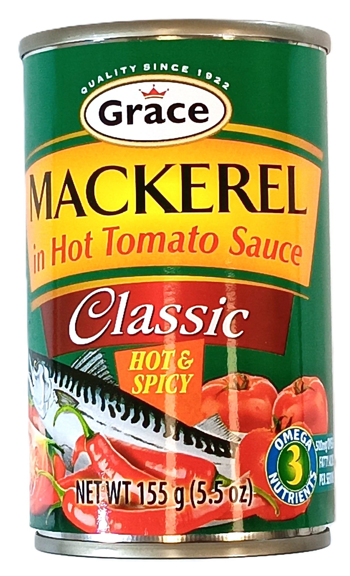 A can of TOJ EXPRESS Grace Mackerel Tomato Sauce-Hot & Spicy is shown, with a green label displaying red, yellow, and white text. It features images of mackerel and tomatoes, highlighted as Classic and Hot & Spicy, containing Omega 3 Nutrients, gluten-free. Net wt: 155g (5.5 oz).