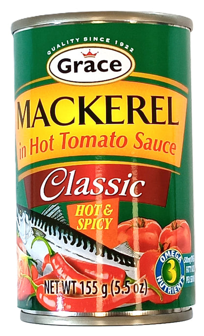 A can of TOJ EXPRESS Grace Mackerel Tomato Sauce-Hot & Spicy is shown, with a green label displaying red, yellow, and white text. It features images of mackerel and tomatoes, highlighted as Classic and Hot & Spicy, containing Omega 3 Nutrients, gluten-free. Net wt: 155g (5.5 oz).
