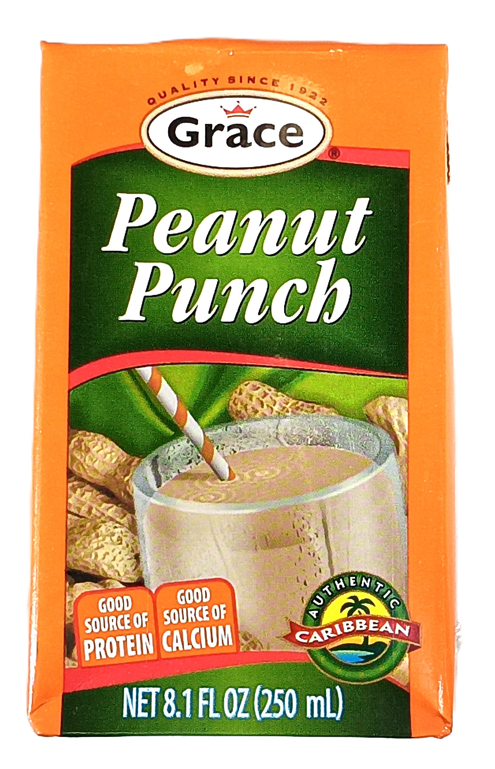 An 8.1 FL OZ (250 mL) Grace Peanut Punch Drink by TOJ EXPRESS features imagery of real peanuts and a glass with a straw. Its labeled Authentic Caribbean and highlighted as a good source of protein and calcium.