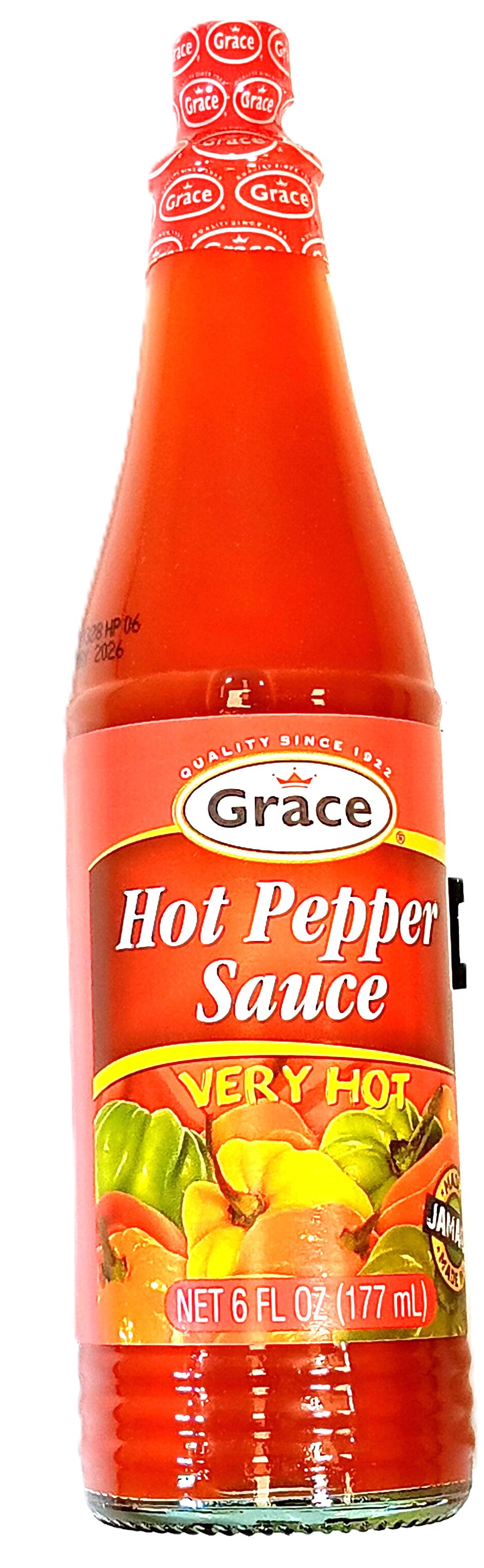 The Grace Hot Pepper Sauce (6oz) by TOJ EXPRESS, featuring a red label with hot peppers and the words Very Hot, promises a fiery kick.