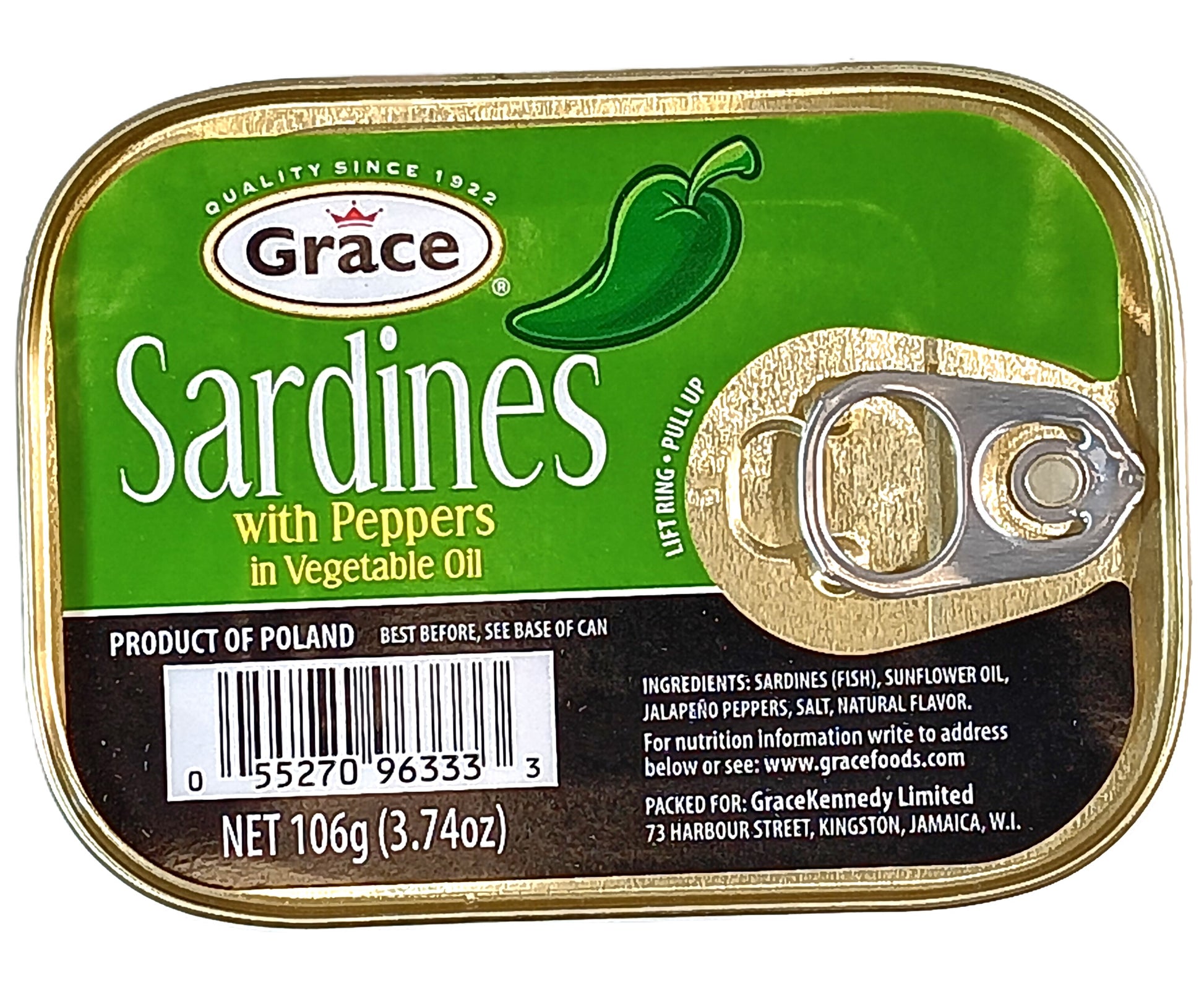 A can of TOJ EXPRESS Grace Sardines features a green label with a pepper image, signifying its spicy twist. Weighing 106g (3.74oz), this Polish-made product is rich in omega-3 fatty acids and includes a pull-tab for easy opening.