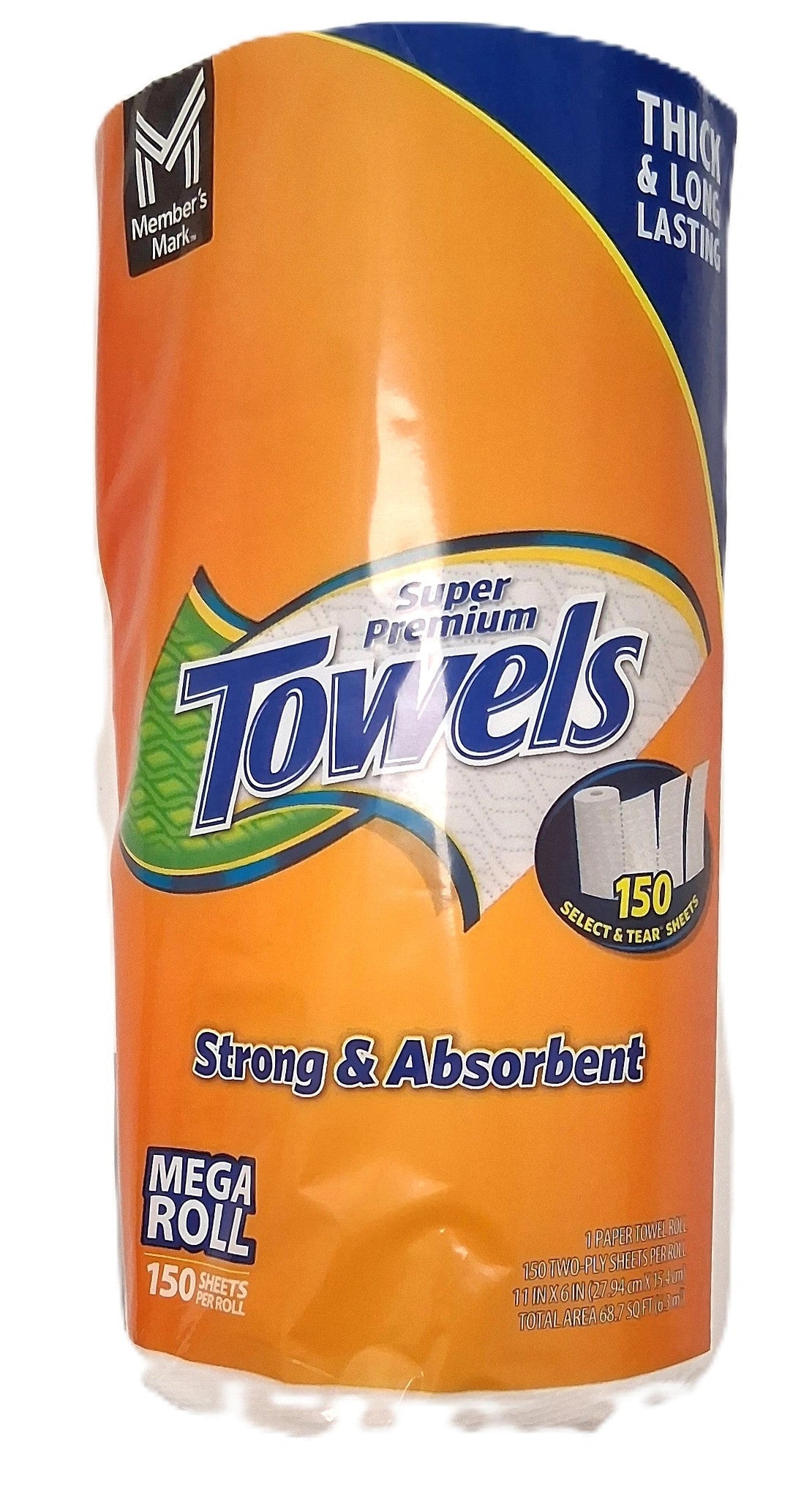 An orange package of TOJ EXPRESS Hand Towels, labeled Strong & Absorbent, offers superior absorbency. Each roll provides 150 thick, long-lasting sheets perfect for maintaining a germ-free environment.
