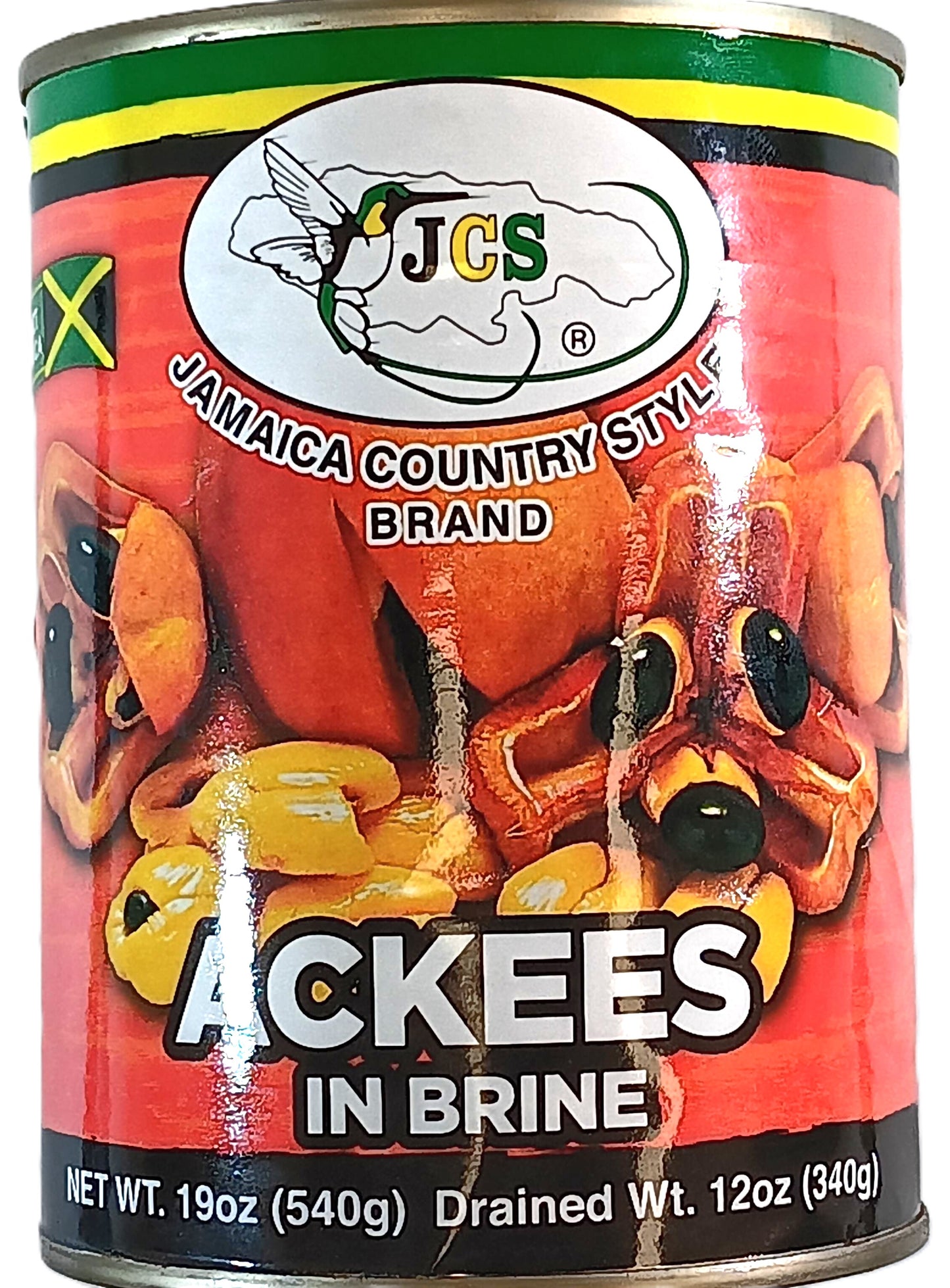 A can of TOJ EXPRESS Jamaica Country Style Ackee in brine showcases Caribbean flair with a vibrant red label featuring ackee fruits and the Jamaican flag. With a net weight of 19oz (540g) and drained weight of 12oz (340g), it brings authentic Caribbean flavor to your kitchen.