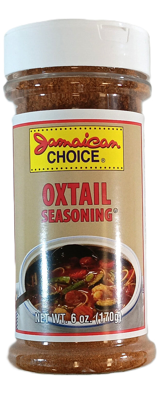 A 6 oz (170g) Jamaican Choice Oxtail Seasoning bottle by TOJ EXPRESS bursts with Caribbean flavor, featuring a label with a pot of oxtail stew and vegetables, perfect for enhancing your favorite dishes.