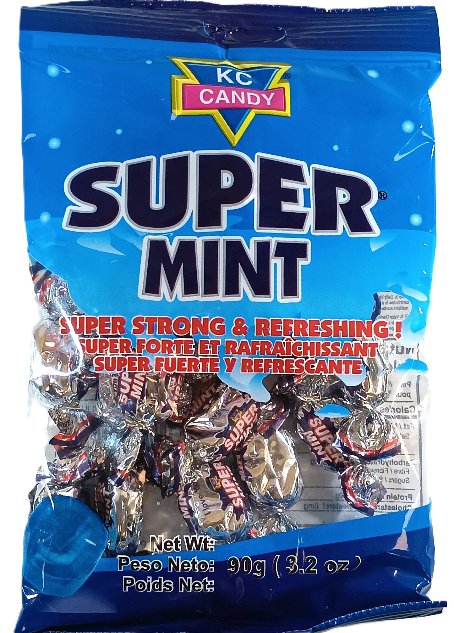 The KC Super Mint Candy by TOJ EXPRESS comes in a blue bag with individually wrapped mints. It promises a Super Strong & Refreshing experience in English, French, and Spanish. Ideal for breath freshening, it has a net weight of 90g (3.2 oz).