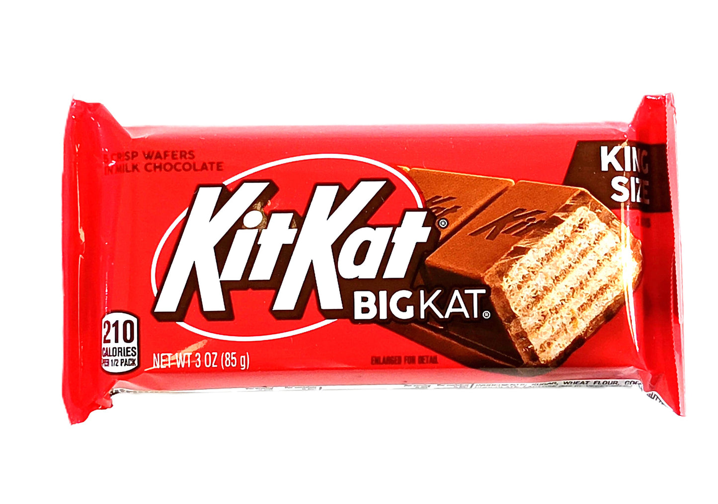The red wrapper of Hersheys King Size Kit Kat Chocolate Bar by TOJ EXPRESS features a tempting image of a king-size bar with crisp wafers and rich milk chocolate. This 3 oz (85 g) indulgence contains 210 calories per piece.