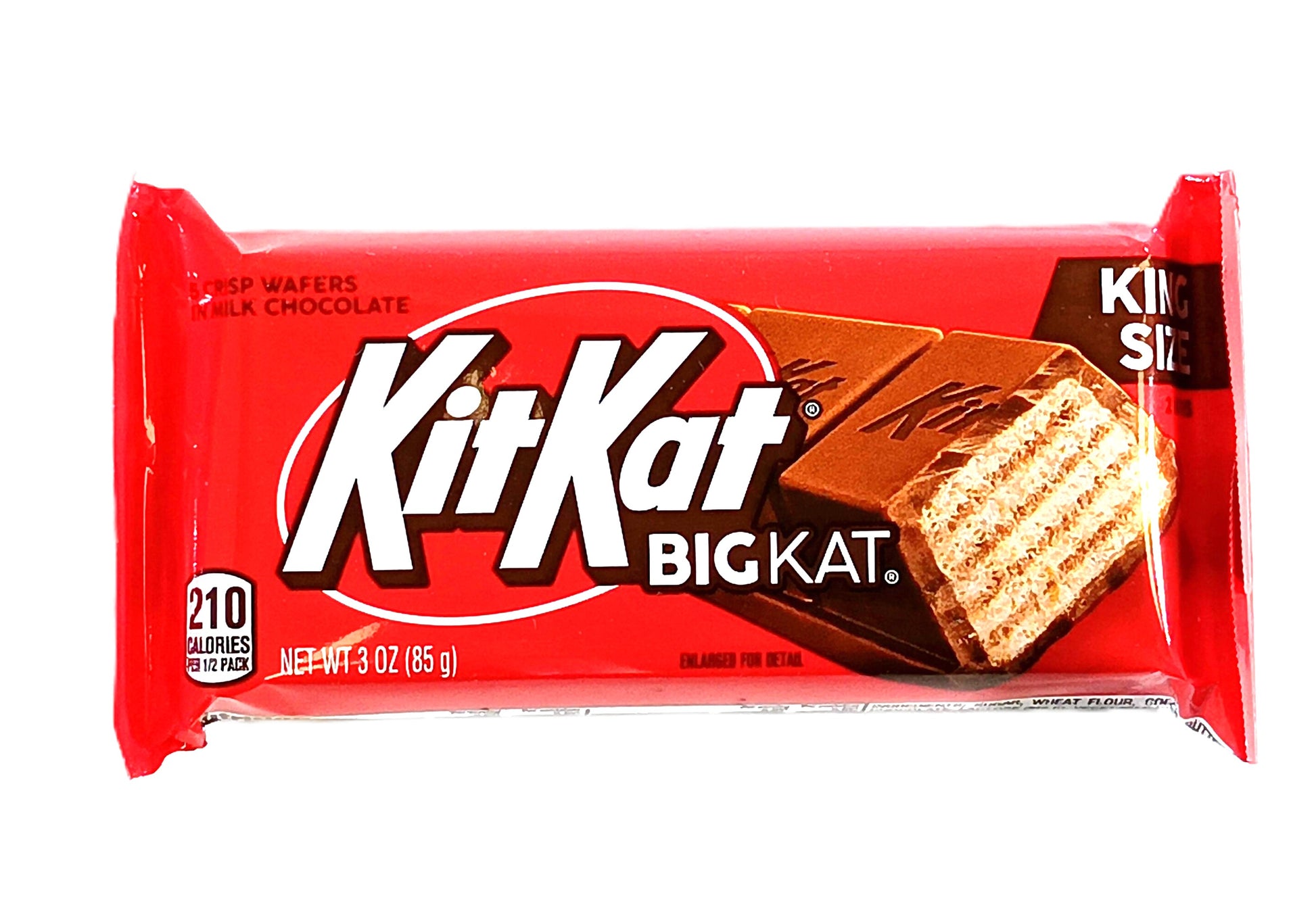 The red wrapper of Hersheys King Size Kit Kat Chocolate Bar by TOJ EXPRESS features a tempting image of a king-size bar with crisp wafers and rich milk chocolate. This 3 oz (85 g) indulgence contains 210 calories per piece.