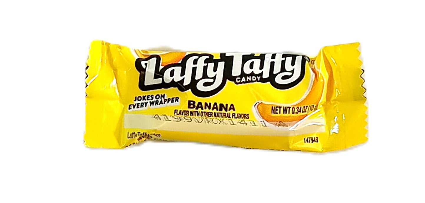 A cheerful yellow package of TOJ EXPRESS Laffy Taffy (Banana) Candy offers a delightful banana flavor with Jokes on every wrapper for extra fun. Weighing NET WT 0.34 OZ (9.6g), its perfect for a quick, fruity treat.