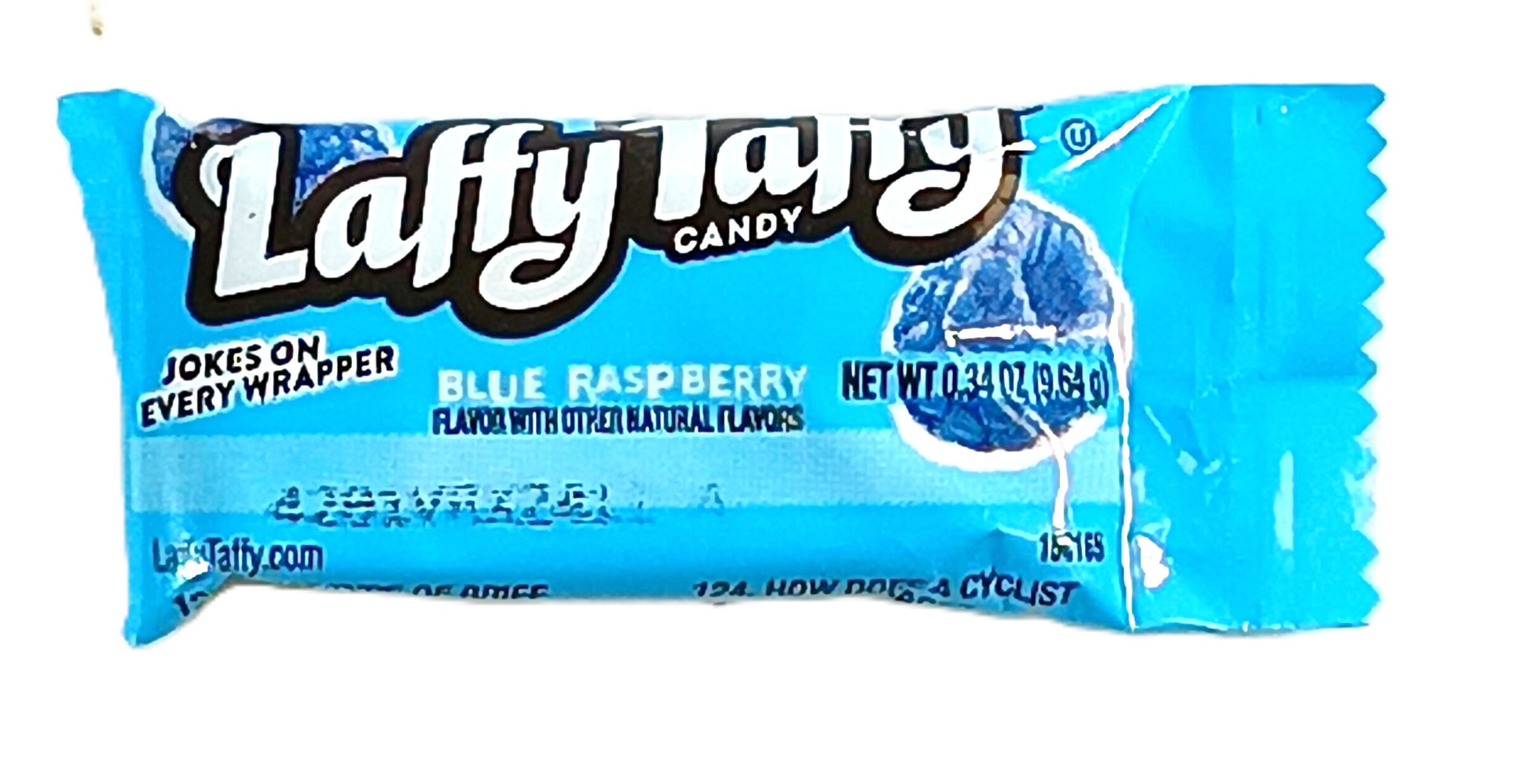 The blue wrapper of TOJ EXPRESSs Laffy Taffy (Blue Raspberry) candy presents the irresistible Blue Raspberry flavor, featuring jokes on every wrapper and a playful blue raspberry illustration. This delightful treat weighs 0.34 oz (9.6g).