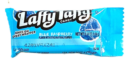 The blue wrapper of TOJ EXPRESSs Laffy Taffy (Blue Raspberry) candy presents the irresistible Blue Raspberry flavor, featuring jokes on every wrapper and a playful blue raspberry illustration. This delightful treat weighs 0.34 oz (9.6g).