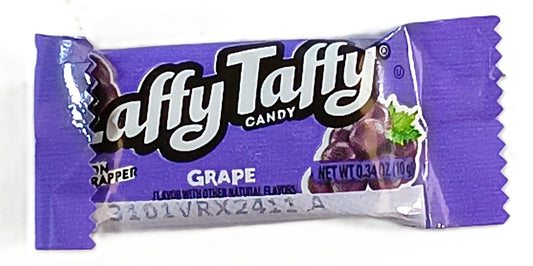 Savor the sweet and tangy flavor of TOJ EXPRESSs Laffy Taffy (Grape) in a 0.34 oz purple wrapper with grape and leaf images, promising 100% grape goodness in every bite.