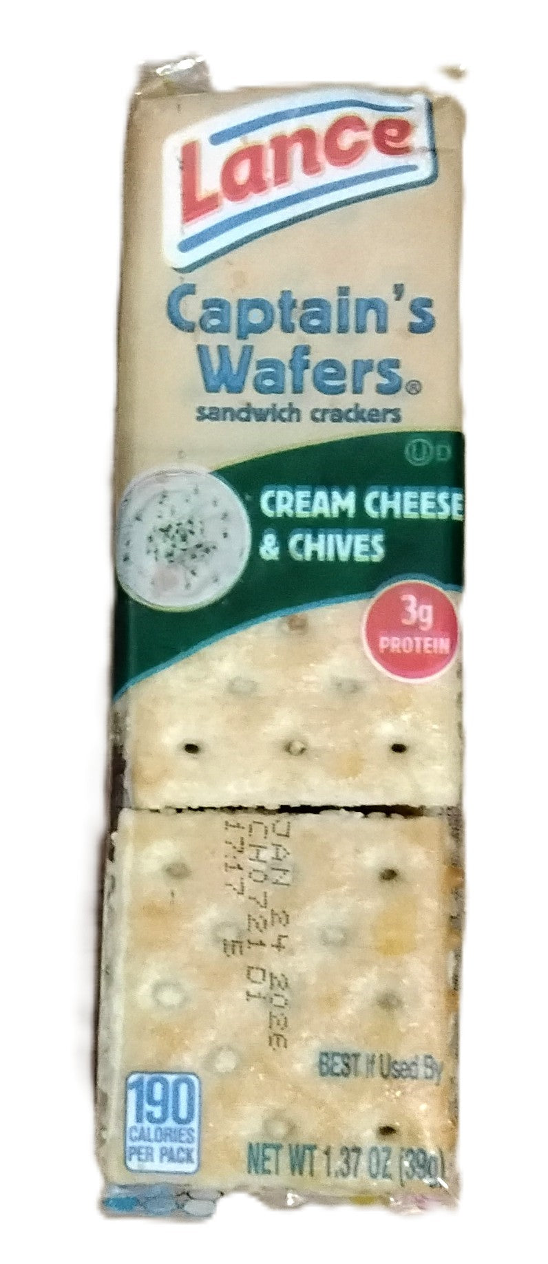 A pack of TOJ EXPRESS Lance Captain Wafers-Cream Cheese and Chives features partially unwrapped toasted crackers, with a label noting 3g protein and 190 calories per pack.