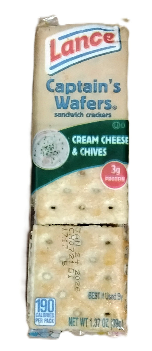 A pack of TOJ EXPRESS Lance Captain Wafers-Cream Cheese and Chives features partially unwrapped toasted crackers, with a label noting 3g protein and 190 calories per pack.