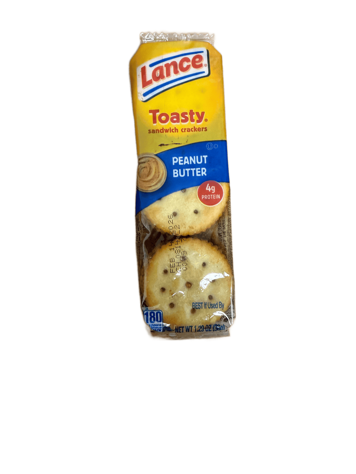 Pack of Lance Toasty Peanut Butter sandwich crackers on a green background