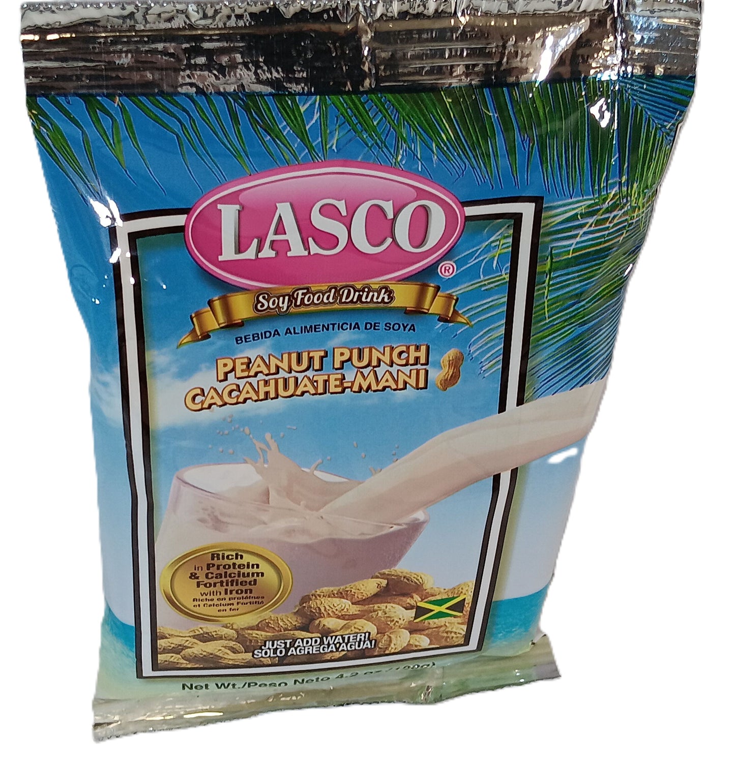 The Lasco Peanut Punch from TOJ EXPRESS features packaging with a coconut and peanut design, accented by a splash of milk. With high protein and calcium content, its presented as nutritious; just add water to enjoy its benefits.