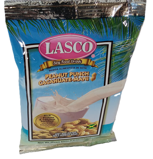 The Lasco Peanut Punch from TOJ EXPRESS features packaging with a coconut and peanut design, accented by a splash of milk. With high protein and calcium content, its presented as nutritious; just add water to enjoy its benefits.