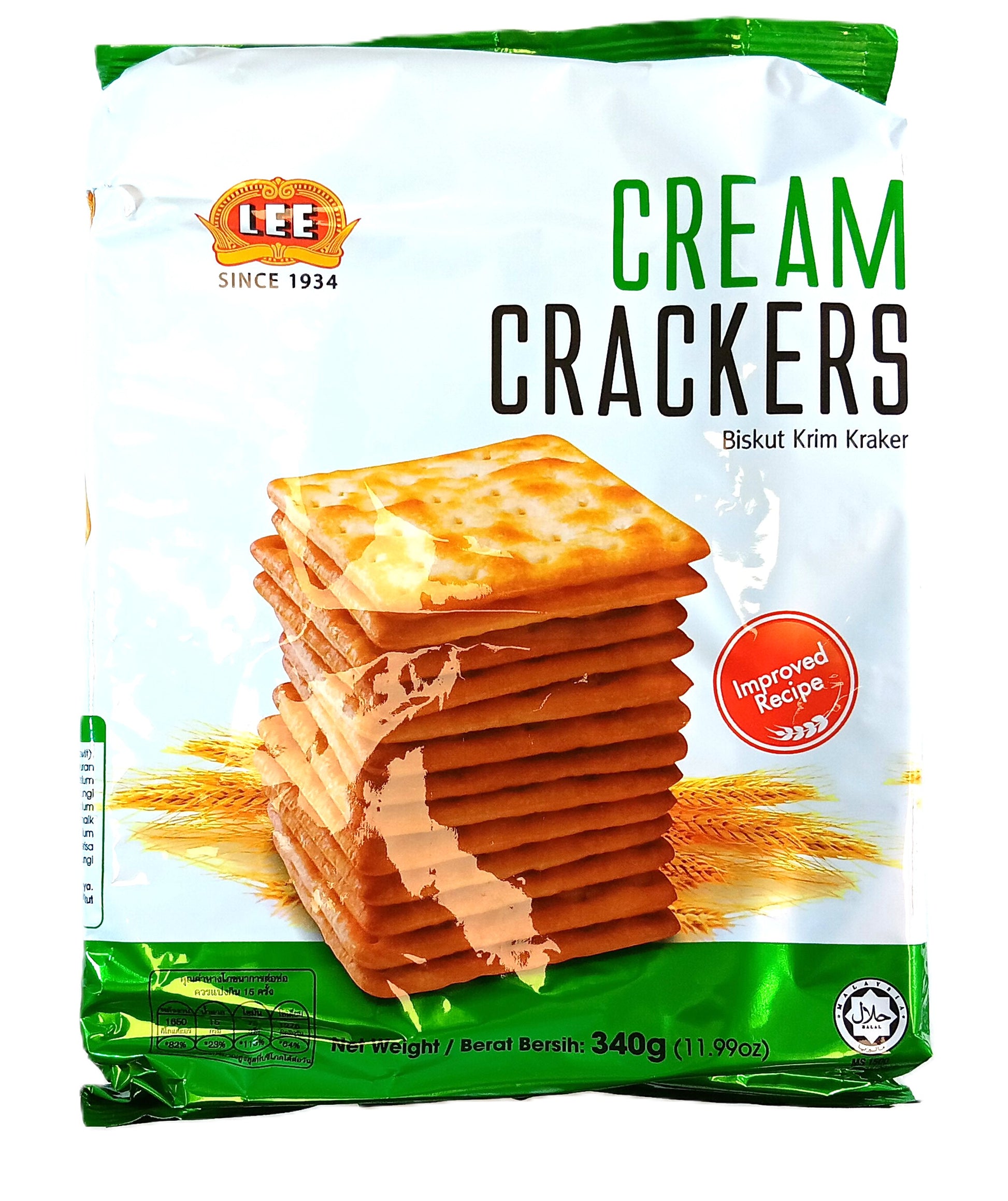 A package of Lee Cream Crackers, 340g, displaying stacked golden-brown crackers. The packaging features wheat graphics and a label indicating Improved Recipe. The bag is mainly white and green with a logo that states Since 1934.