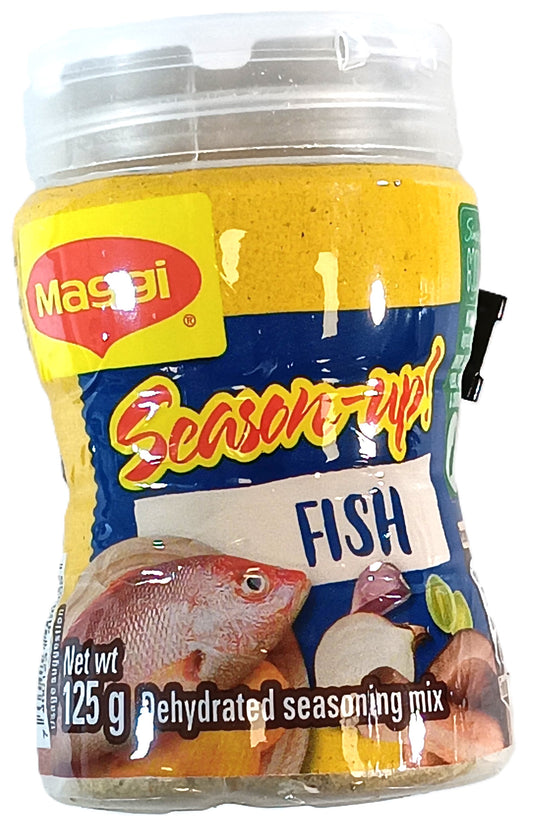 TOJ EXPRESS Maggie Fish Seasoning comes in a 125g bottle with a yellow cap and a blue label featuring fish, garlic, and onion images. Its perfect for enhancing seafood dishes with its dehydrated seasoning mix.