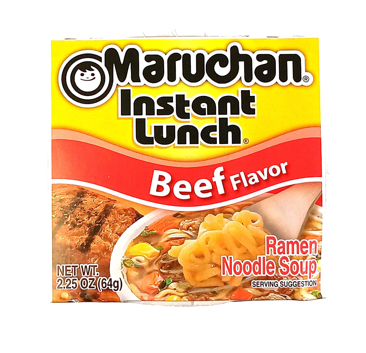 Image of a TOJ EXPRESS Maruchan Cup Instant Lunch (Beef Flavor) package showing ramen noodle soup with beef and vegetables. It reads Net Wt. 2.25 oz (64g) with a cheerful smiley logo, ideal for a quick meal.