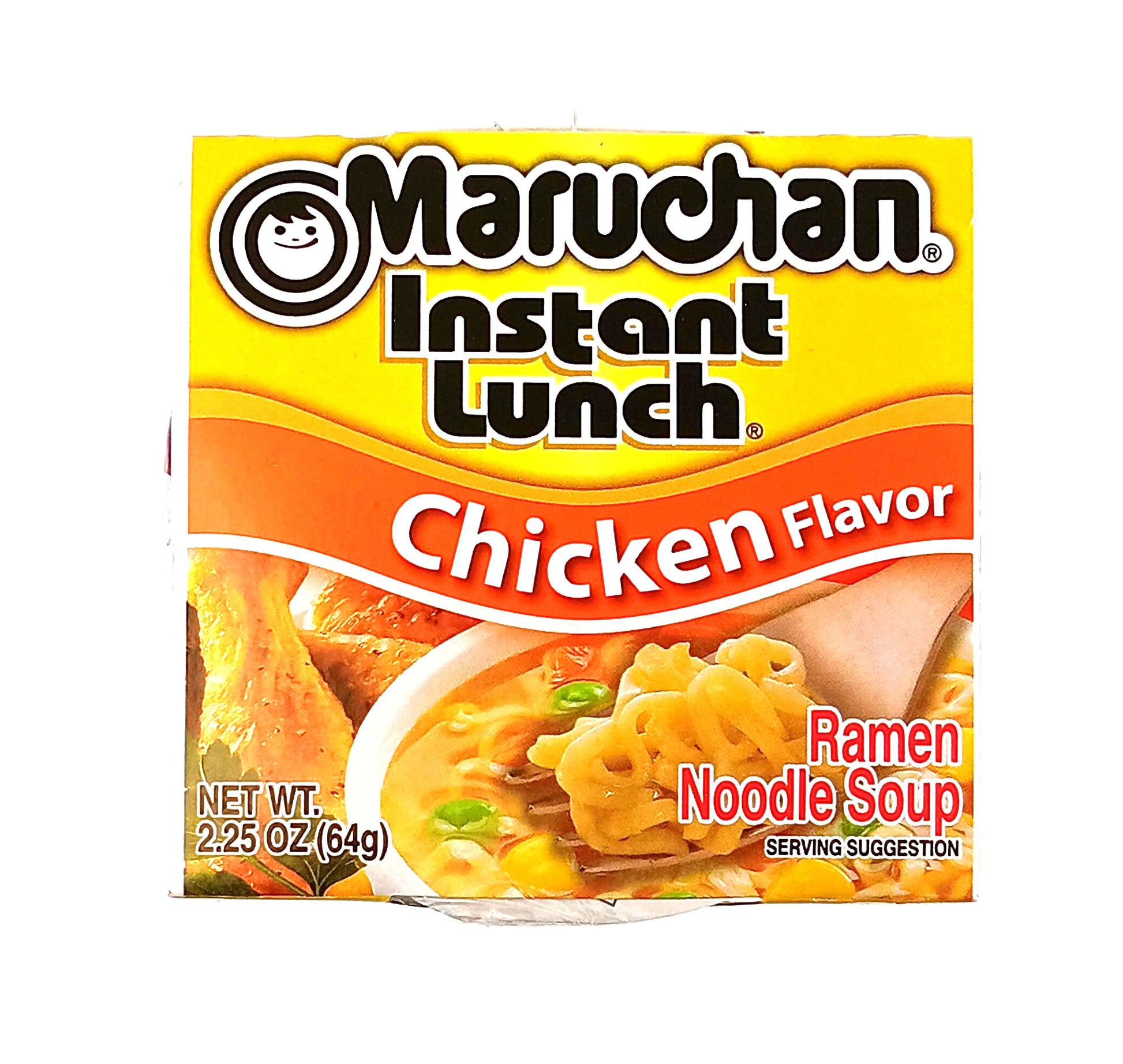 A 2.25 oz (64g) Maruchan Cup Instant Lunch (Chicken Flavor) by TOJ EXPRESS, with images of chicken, noodles, and vegetables on primarily yellow packaging with red accents for a warm meal experience.