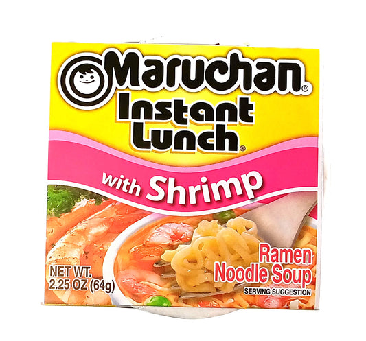 A package of TOJ EXPRESS Maruchan Cup Instant Lunch (Shrimp Flavor) featuring a vibrant shrimp ramen noodle soup image and serving suggestion. Net weight: 2.25 oz (64g).