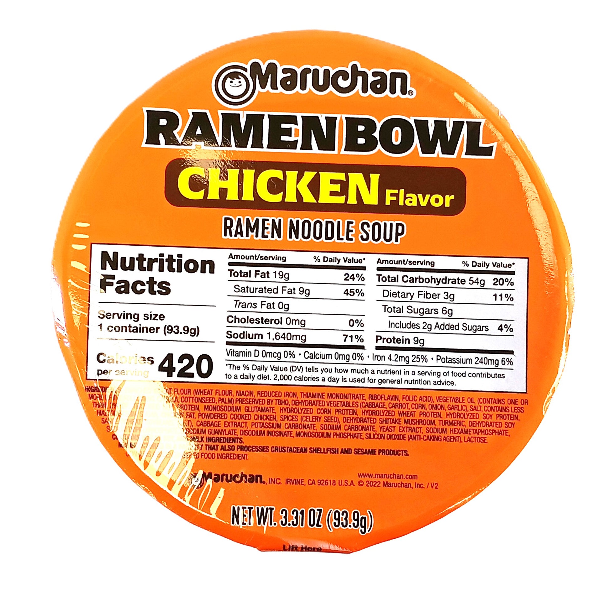 Photo of a TOJ EXPRESS Maruchan Ramen Bowl in Chicken flavor, ideal for a swift meal. The orange package highlights nutrition facts, offering a satisfying 93.9g serving with 420 calories for easy dining.