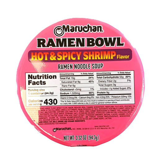 A round pink package of TOJ EXPRESSs Maruchan Ramen Bowl features a bold hot spicy shrimp flavor with enticing seafood taste, offering 430 calories per serving as shown on the nutrition facts.