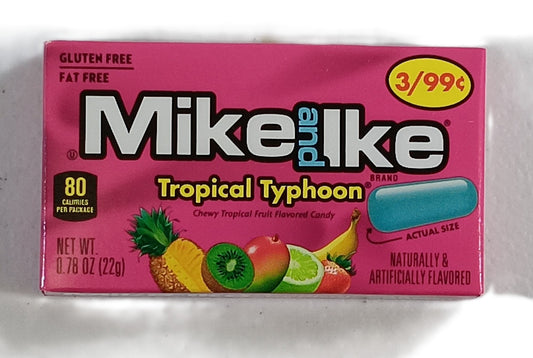 TOJ EXPRESS presents Mike & Ike (Tropical Typhoon) in a pink box, full of exotic fruit flavors for a tropical escape. The packaging features vivid fruits, marked Gluten Free and Fat Free. Special offer: get three boxes for just 99 cents!.