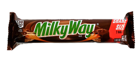 The TOJ EXPRESS Milky Way Chocolate Bar has brown packaging with green text, featuring Share Size and 2 Bars on the right side. Nutritional info, such as 230 calories per serving, is displayed on the left.