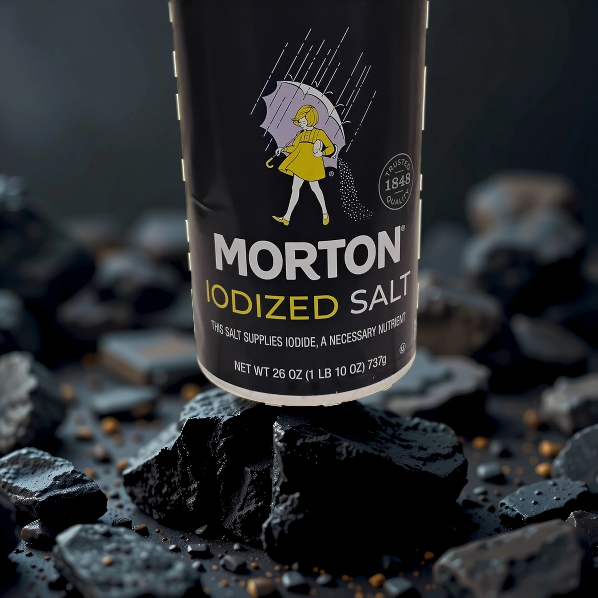 A TOJ EXPRESS Morton's Iodized Salt container stands upright on a bed of dark black rocks, with salt grains scattered around, emphasizing its iodine-rich benefits.