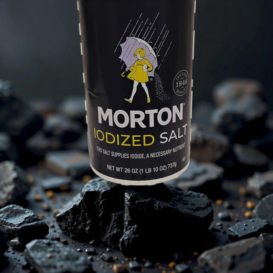 A TOJ EXPRESS Morton's Iodized Salt container stands upright on a bed of dark black rocks, with salt grains scattered around, emphasizing its iodine-rich benefits.