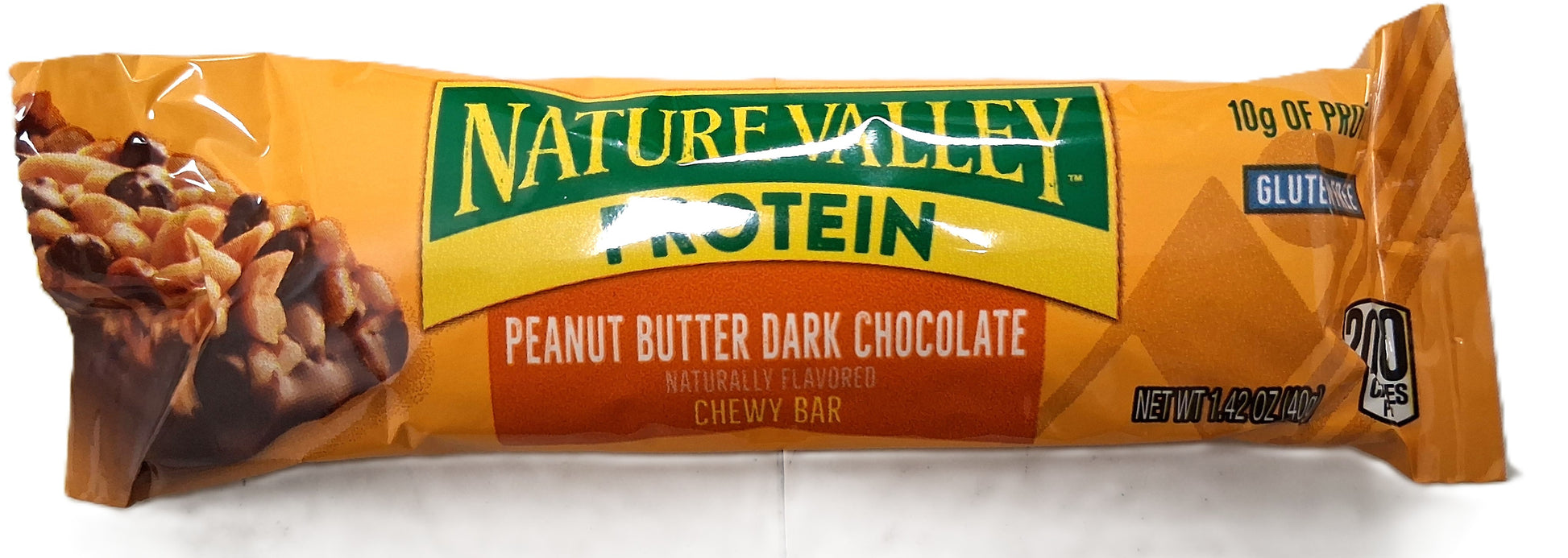 The TOJ EXPRESS Nature Valley Peanut Butter Chocolate Bar wrapper highlights peanuts and chocolate chunks. Ideal for on-the-go snacks, it contains 10g of protein, is gluten-free, and has 190 calories with a net weight of 1.42 oz (40g).
