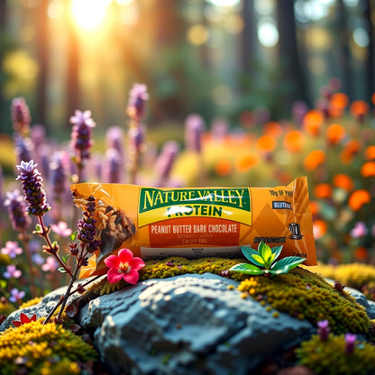 A Nature Valley Peanut Butter Chocolate Bar by TOJ EXPRESS rests on a mossy rock amid vibrant wildflowers. The sunlit forest backdrop creates a serene, natural scene perfect for enjoying an on-the-go snack.
