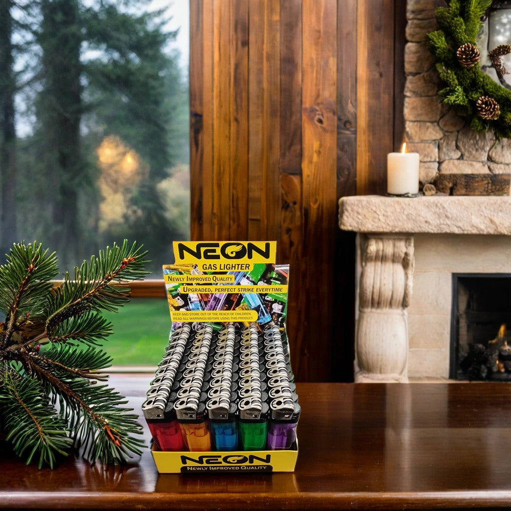 A box of TOJ EXPRESS Neon Lighters sits on a wooden table in a cozy living room, featuring a fireplace, pine branches, and a large window overlooking trees outside.