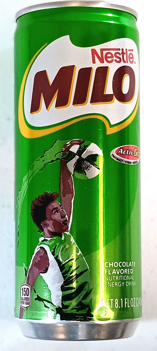 A green 8.1 fl oz (240 ml) can of TOJ EXPRESS Milo Chocolate Drink, rich in vitamins and minerals, provides a cocoa-infused energy boost. The design features an athlete playing basketball, with branding and nutritional details clearly displayed.