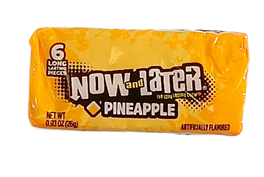 TOJ EXPRESS offers Now & Later (Pineapple) candy to satisfy your sweet tooth with a tropical flair. The yellow-wrapped pack, labeled 6 long lasting pieces and artificially flavored, weighs 0.93 oz (26g).