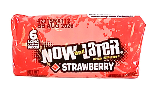 A red TOJ EXPRESS Now & Later (Strawberry) package features 6 long lasting pieces with a fruity taste and is best before August 2026.