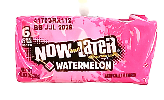 A pack of TOJ EXPRESS Now & Later (Watermelon) candy, perfect for satisfying any sweet tooth. The pink package with white and black text holds six individually wrapped pieces, each bursting with watermelon flavor, and has a Best By date of July 2026.