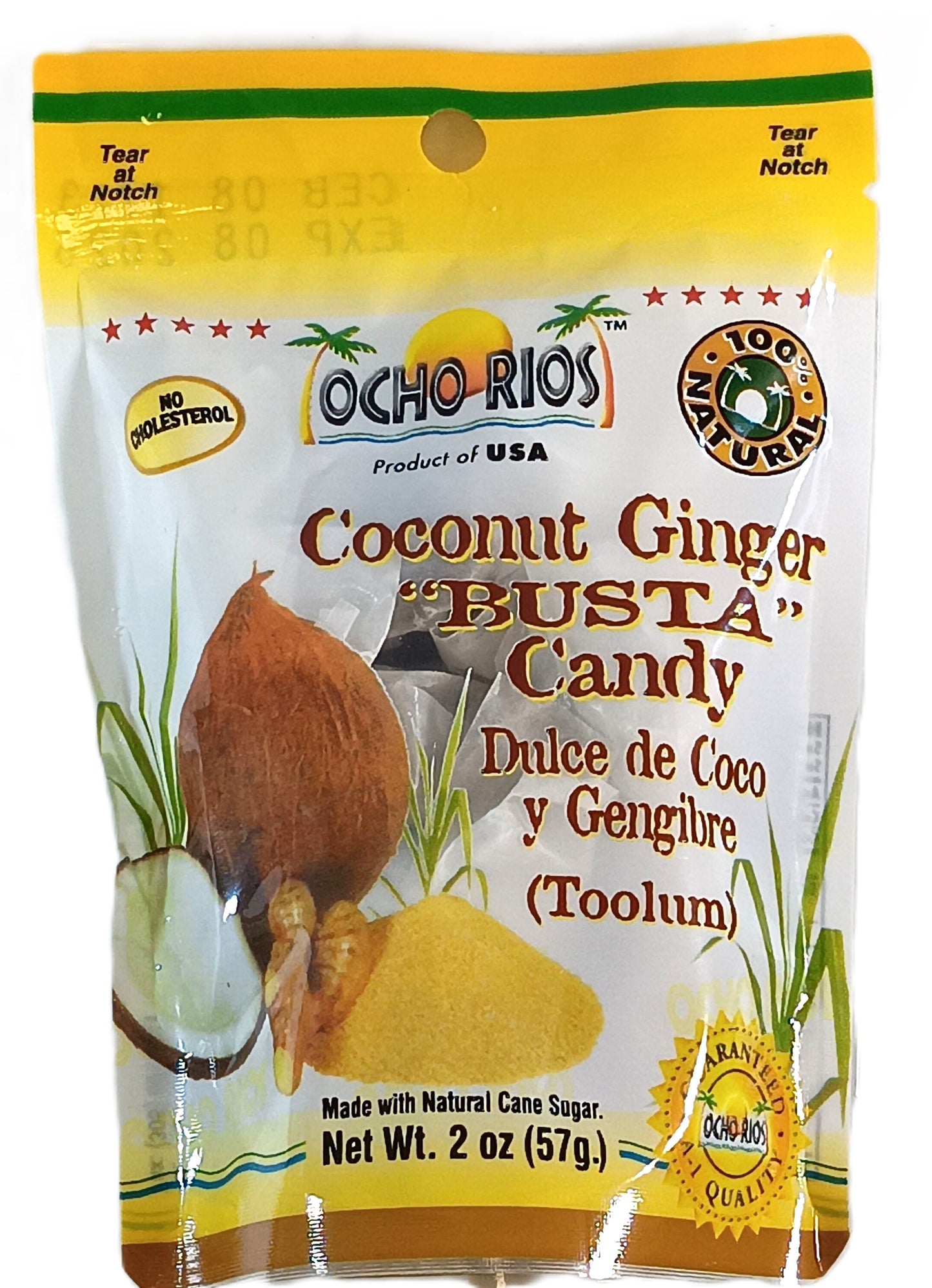 A 2 oz bag of TOJ EXPRESS Ocho Rios Coconut Ginger Candy delivers tropical flavors with coconuts and ginger on the packaging, labeled 100% Natural. Made with pure cane sugar, it contains all-natural ingredients and includes text in English and Spanish.