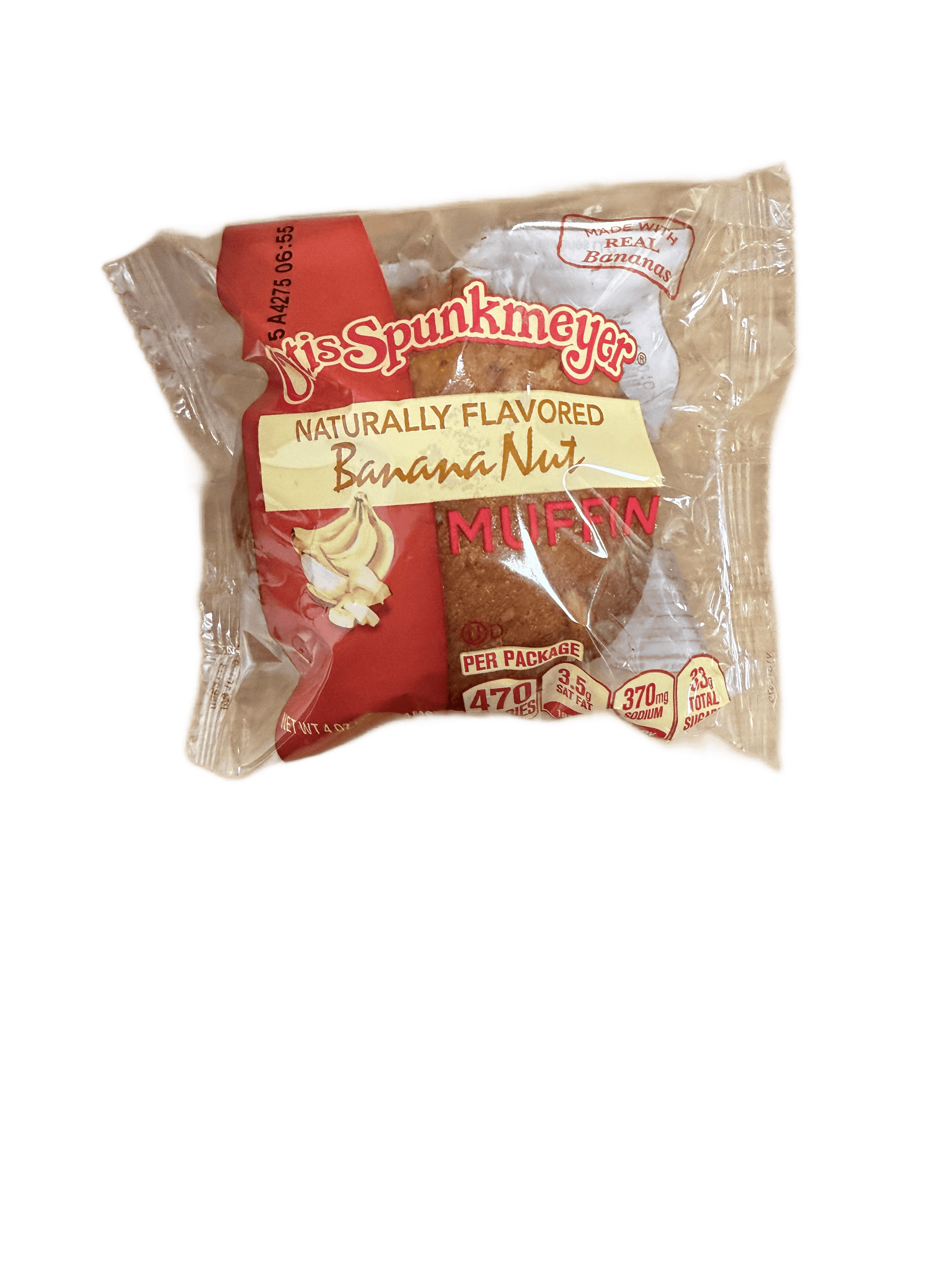 A TOJ EXPRESS Otis Spunkmeyer-Banana Nut Muffin is wrapped in clear packaging, displaying the muffin. The label shows nutritional info along with images of banana slices and walnuts.