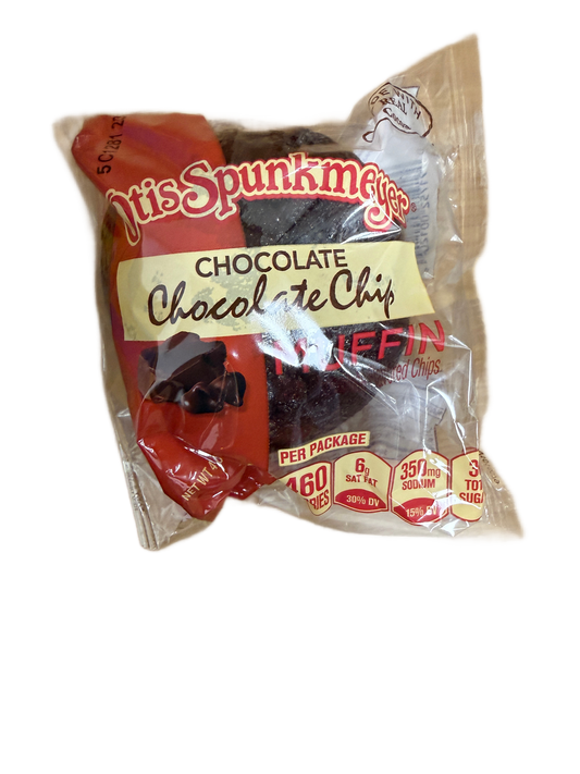The Otis Spunkmeyer - Chocolate Chip Muffin by TOJ EXPRESS packs 460 calories, 6g saturated fat, 350mg sodium, and 31g total sugars per serving, making it a tempting treat for chocolate lovers. Nutritional info is on the wrapper.