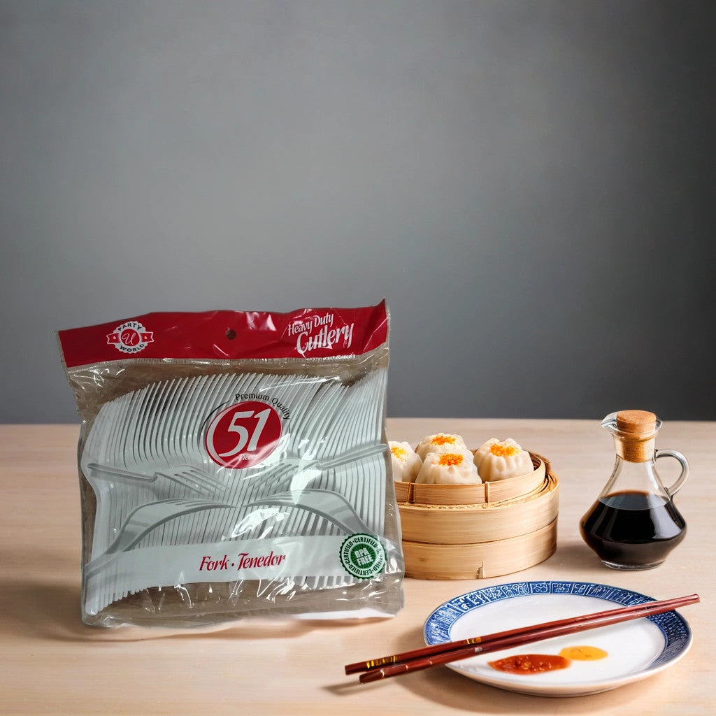 A 51-count pack of TOJ EXPRESS Party World Cutlery forks, a bamboo steamer with dumplings, a blue and white plate with sauce, chopsticks, and a small glass soy sauce bottle rest on a light wooden table against a gray background.
