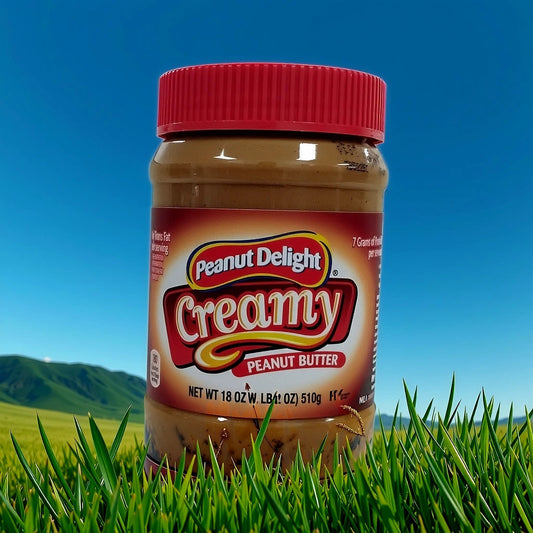 A jar of TOJ EXPRESS Peanut Delight Creamery Peanut Butter rests in tall green grass, its rich roasted peanut flavor shining under a clear blue sky with distant hills in the background.