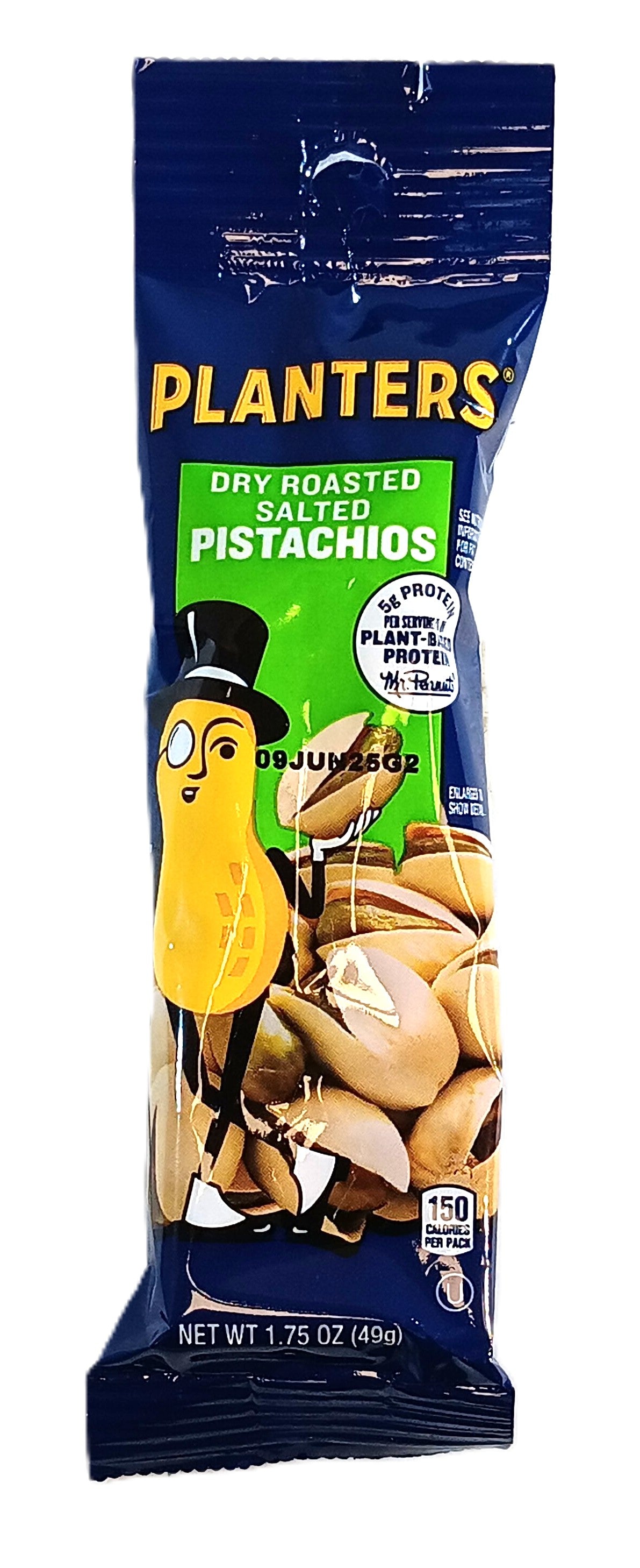 A blue package of TOJ EXPRESS Planters Dry Roasted Pistachio boasts the iconic peanut character in a monocle and top hat. Containing 6 grams of protein per serving, these nuts provide heart-healthy fats in a handy 1.75 oz (49g) size.