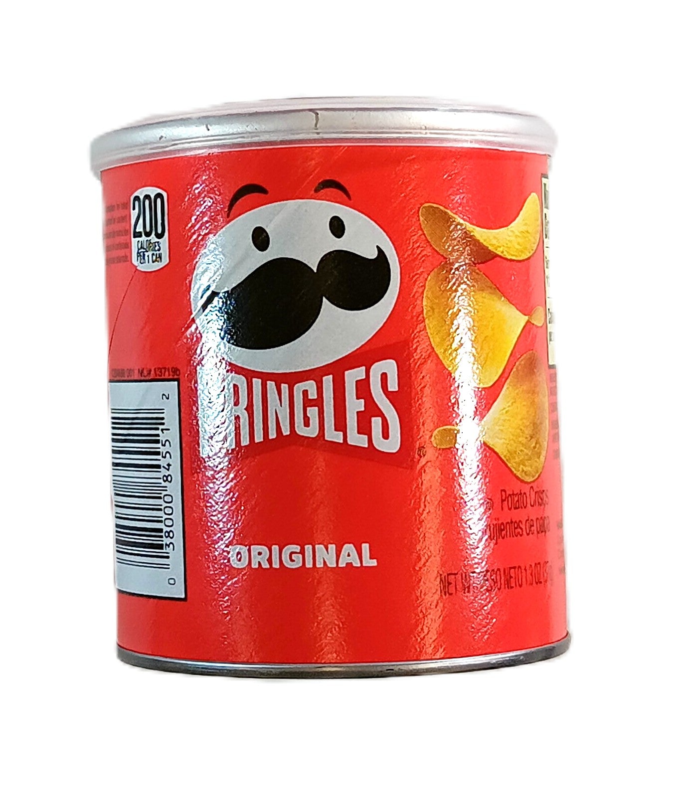A small red can of TOJ EXPRESS Pringles potato chips featuring the classic logo, mustachioed mascot, stacked crisps, and a nutrition label with 200 calories per serving—a bold-flavored snack favorite.