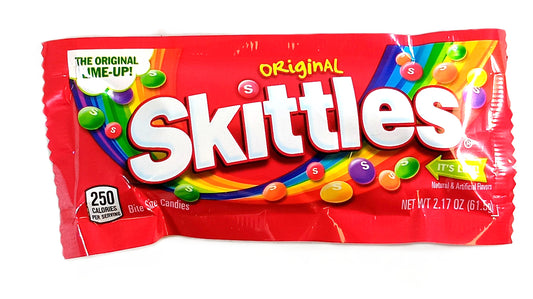 A red TOJ EXPRESS Skittles package labeled Original boasts colorful candy illustrations and delivers fruity goodness. Perfect for sweet tooth cravings, it promises The Original Taste, with 250 calories per serving and a net weight of 2.17 oz (61.5 g).