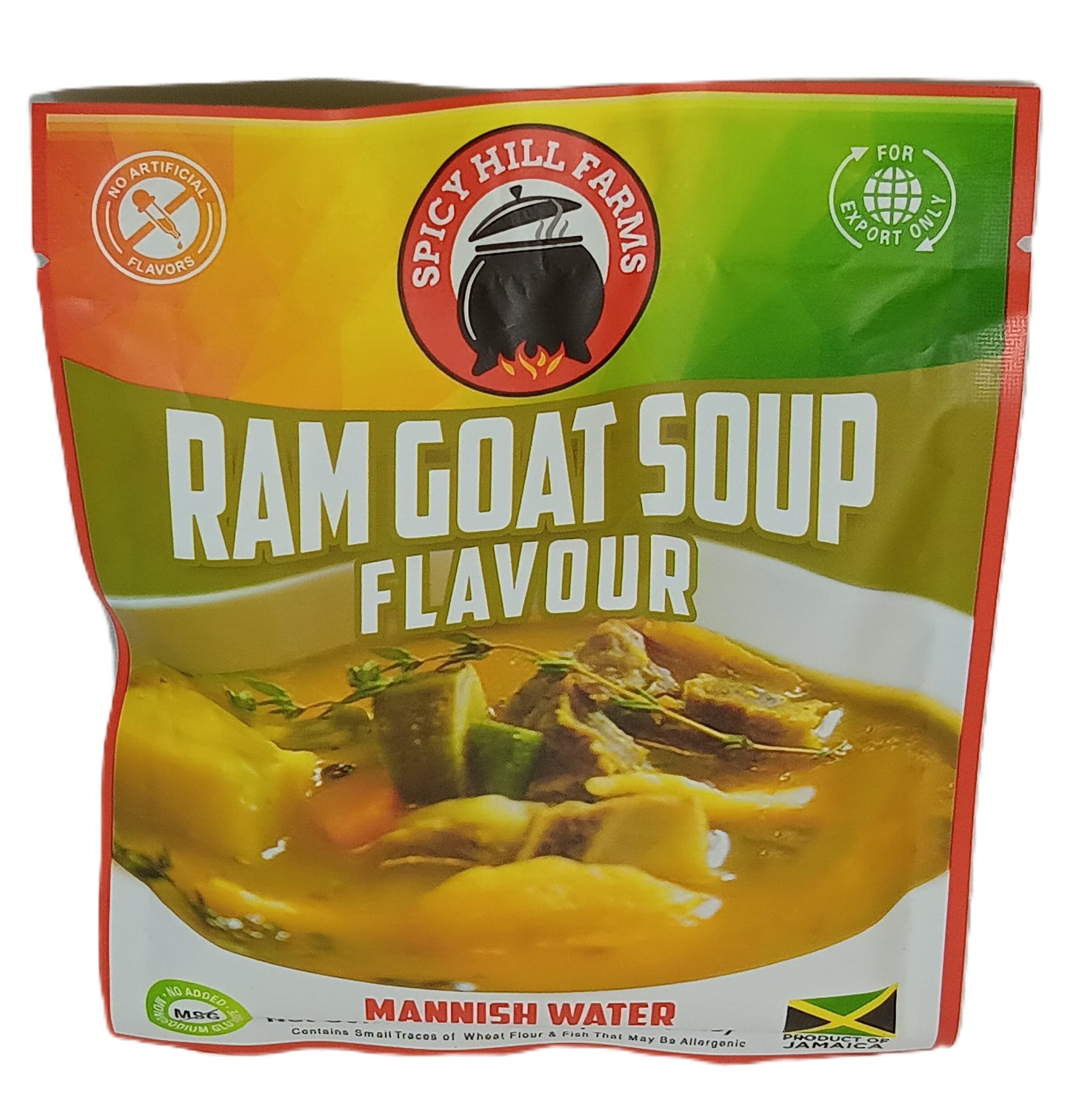 TOJ EXPRESSs Spicy Hill Farms Mannish Water packaging showcases No Artificial Flavor and For Export Only, with a soup image filled with meat and vegetables. The design features a hint of the classic Caribbean recipe Mannish Water and a Jamaican flag.